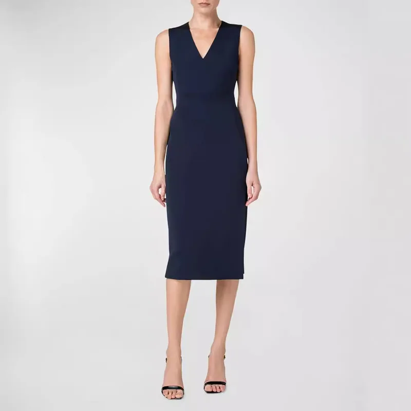 

Women Solid V-Neck Sheath Dress Office Lady Sleeveless Dress