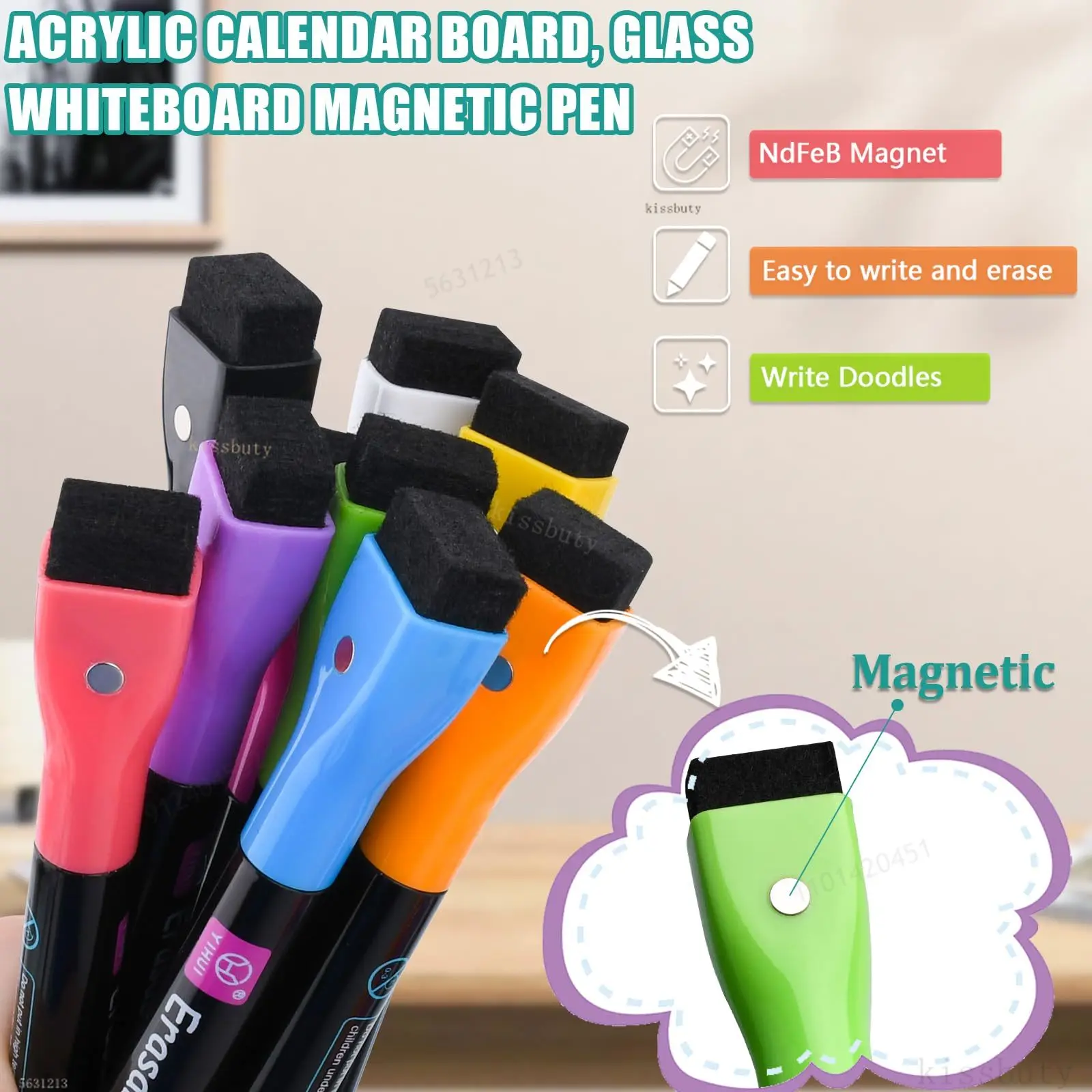 8 Color Magnetic Dry Erase Markers Erasable Whiteboard Marker Pens with Eraser LED Fluorescent Pen for Glass Liquid Chalk