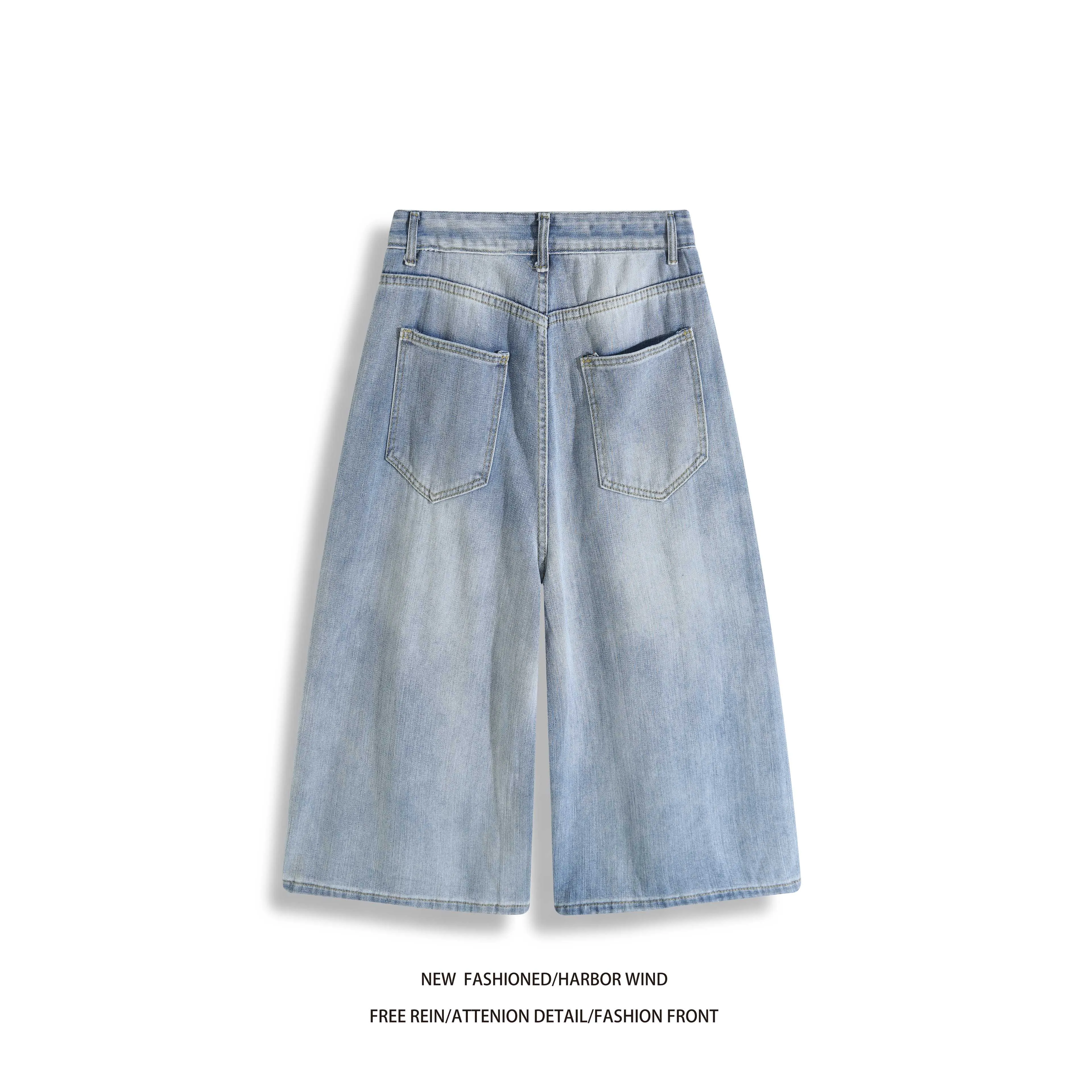 Trendy Washed Blue Loose Fit Men Jeans Casual Versatile Cropped Pants Summer Retro Style Man