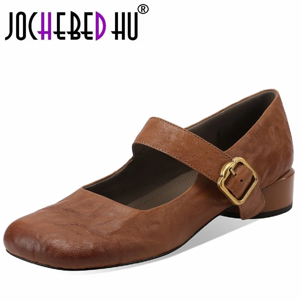 JOCHEBED HUWomen's Handmade Genuine Leather Retro Soft and comfortable Single Shoes Casual Style Buckle All-Match 33-43