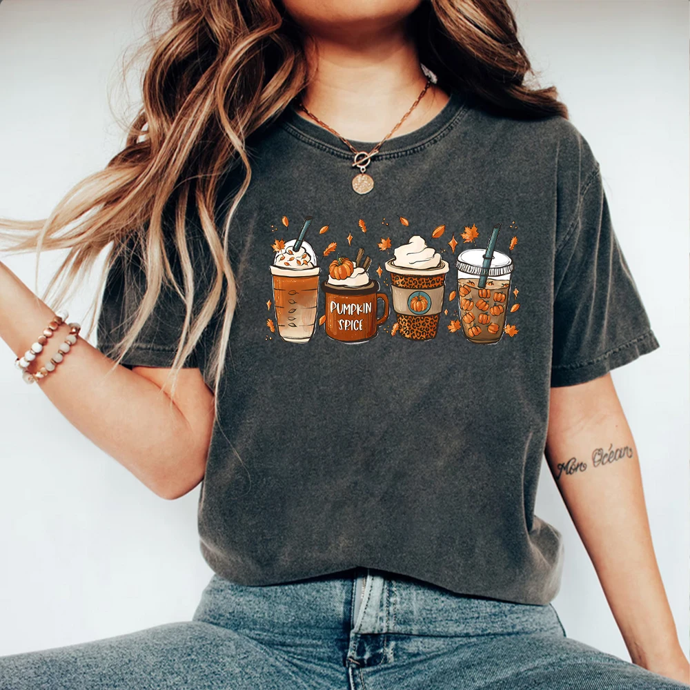 Fall Coffee T Shirt for Women Thanksgiving Retro Short Sleeves Tee Fall Pumpkin Spice Tshirt Trendy Autumn Winter Women Clothes