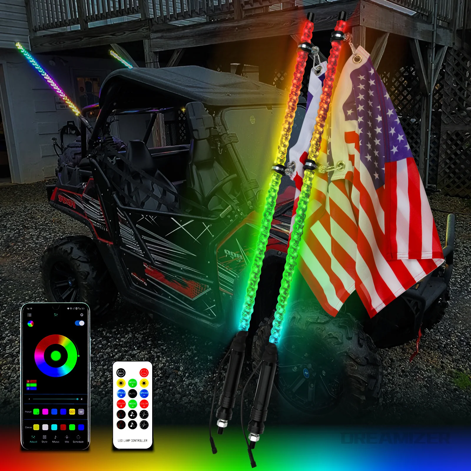 3/4ft RGB Spiral LED Whip Lights Antenna Chase Buletooth APP Remote Contral with Turn Signal Brake Lights for UTV Led Backlights