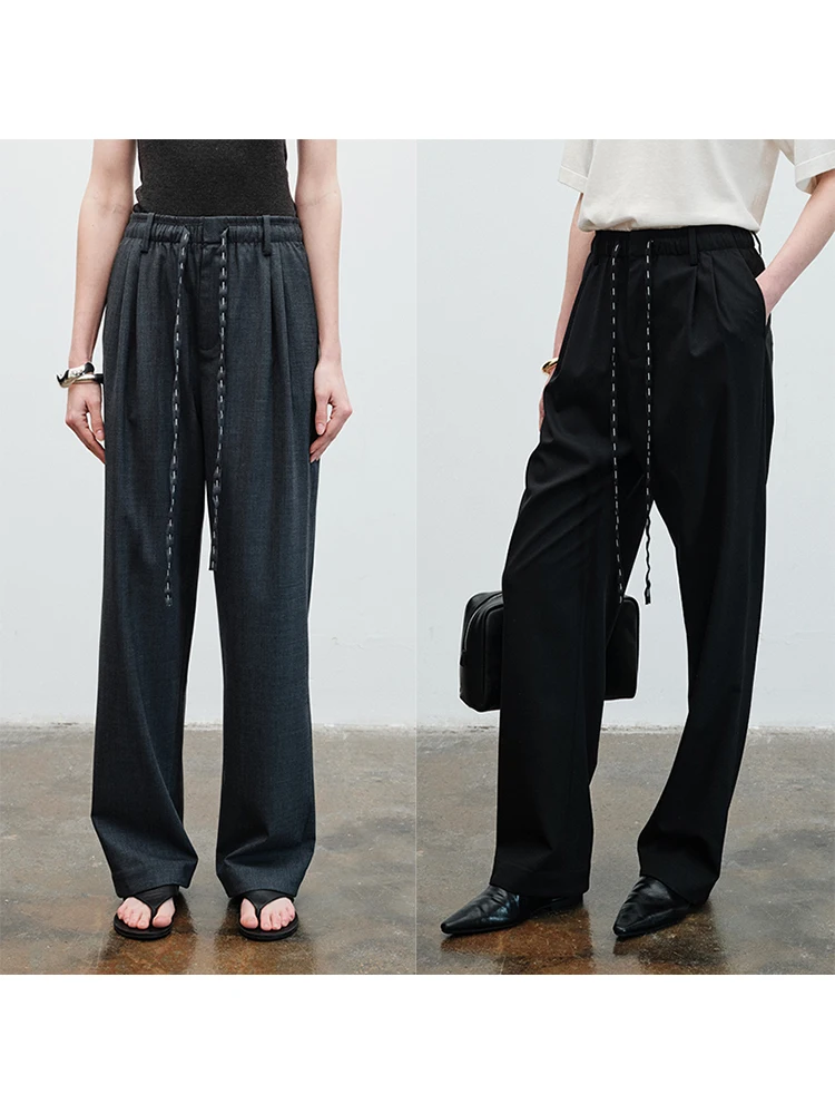 

Ayuko Premium Spun Wool Casual Dstring Waist Loose Fit Straight Leg Pants Comfortable l Slouchy Design Women's Trousers