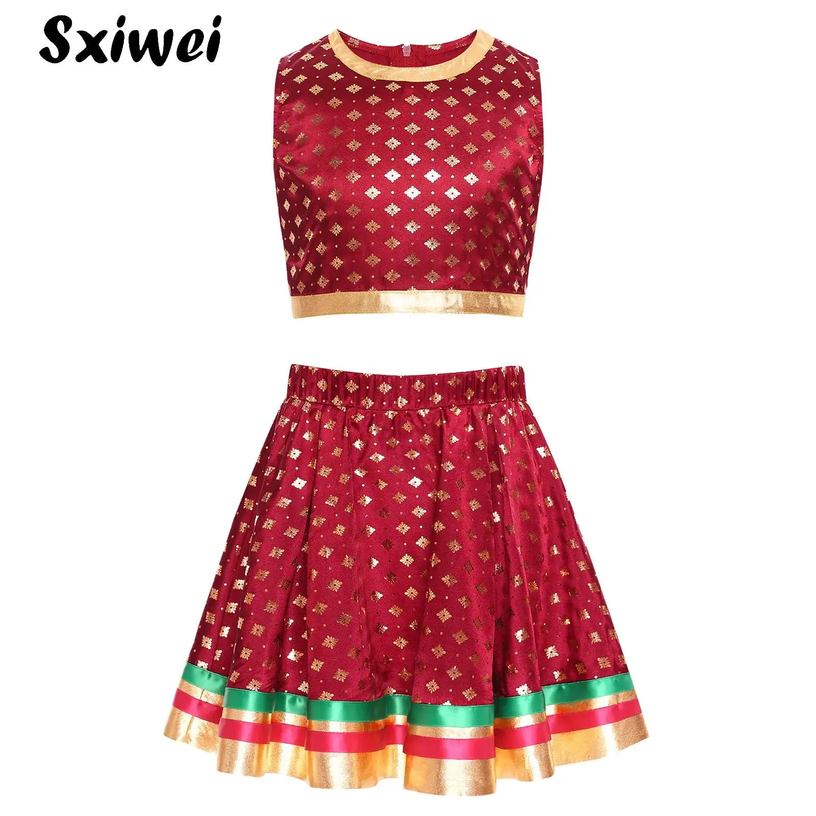

Carnival Indian Princess Costume Girls India Lehenga Choli Dance Outfit Satiny Brocade Zipper Cropped Tank Top Striped Hem Skirt