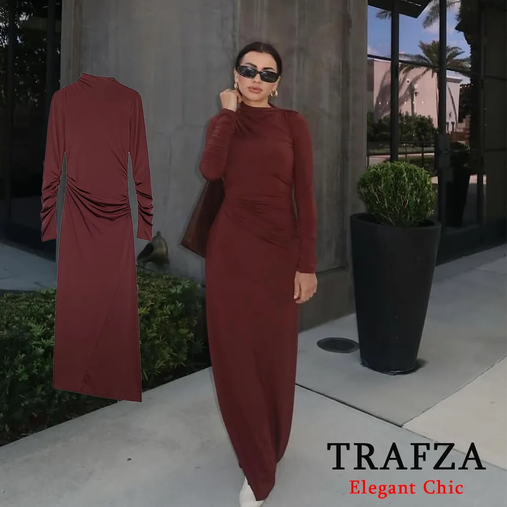 TRAFZA Women Sexy Turtleneck Pleated Long Dress Slim Maxi Folds Dress New 2024 Fashion Christmas Dinner Party Dress