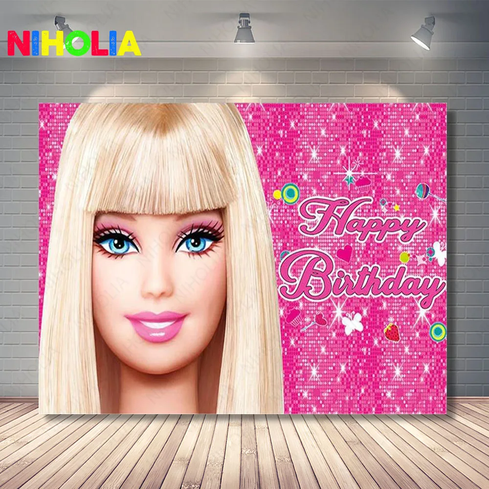 MINISO Barbie Princess Photo Backdrop Girls 1st Birthday Party Decoration Fashion Doll Photography Background Baby Shower Banner