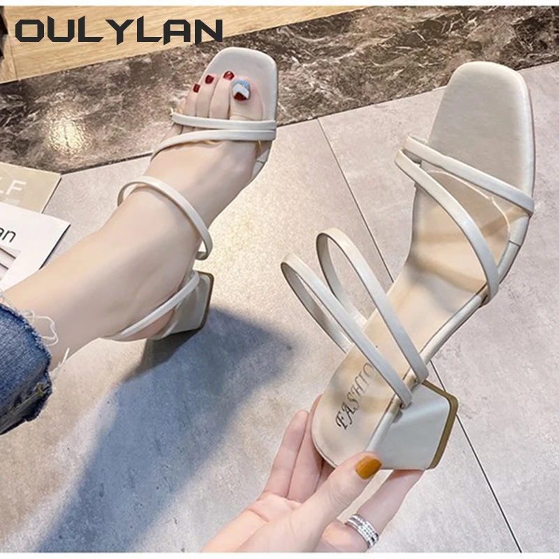 Oulylan Women Sandals Ladies Square Heel Elegant Summer Slippers Outside Cross Tied Leather Female Slides Fashion Woman Sandals