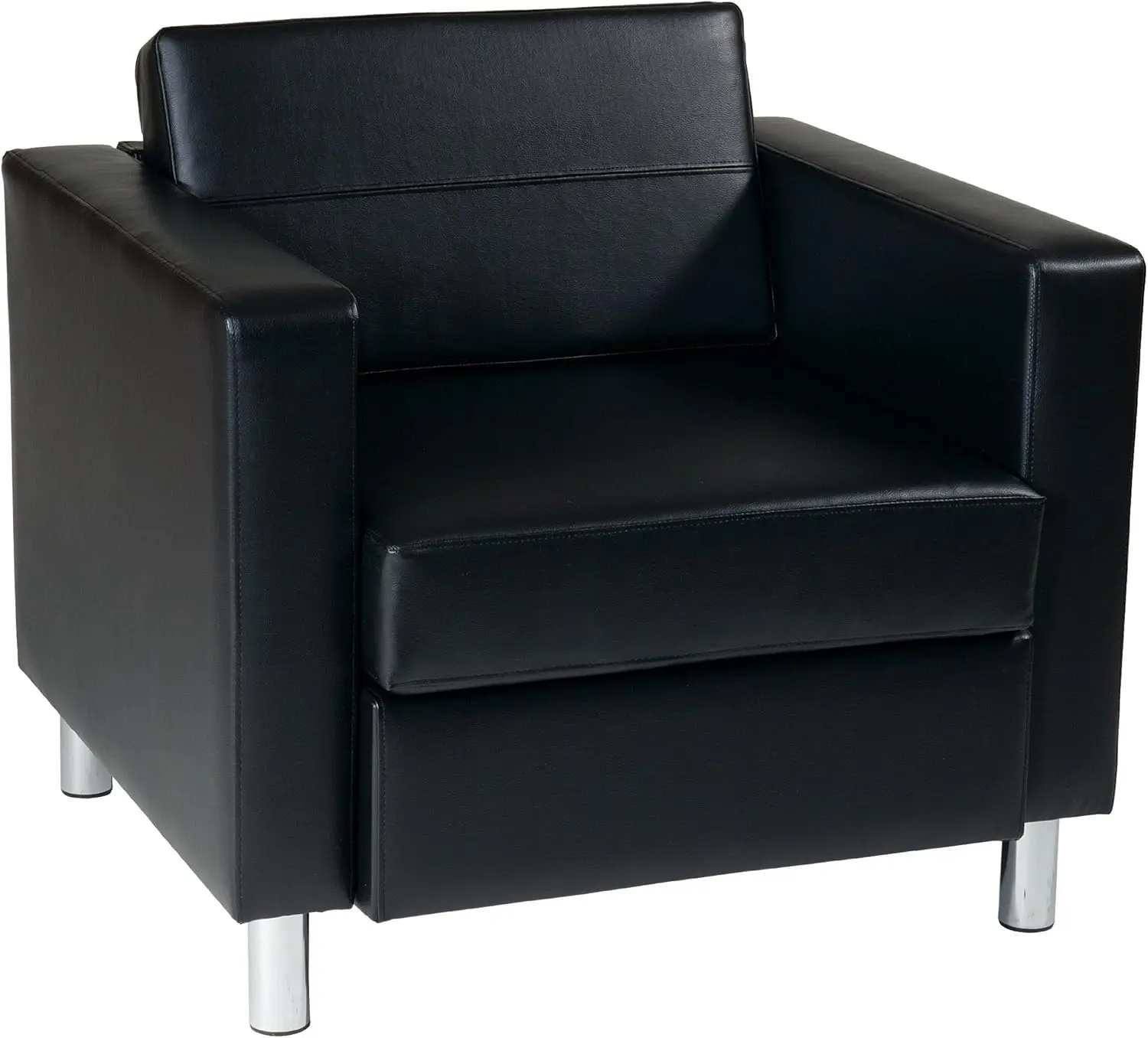 Osp Home Furnishings Pacific Armchair With Padded Box Spring Seats And Silver Finish Legs, Black Vinyl