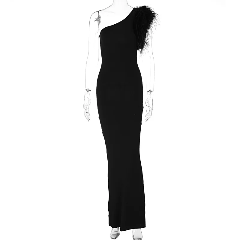 2024 New One Shoulder Sexy Black Feather Evening Dress Sleeveless for Women Sexy Party Elegant Birthday Long Maxi Dress