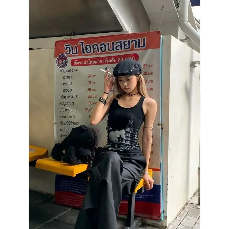 Star Pattern O Neck Streetwear Style Spicy Vest Slim Fit Black Modal Soft Touch Sexy Camisole Tank Top Casual Women Female