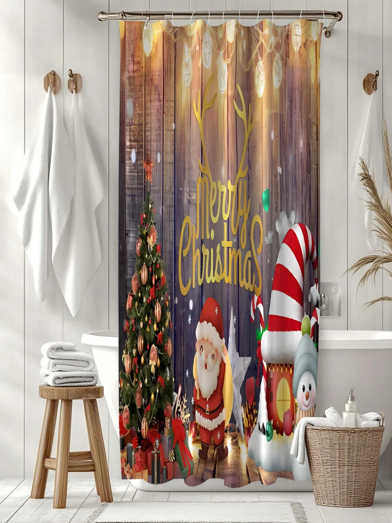 1 Pack of Santa Claus Pattern Polyester Shower Curtain Waterproof Cloth Bathroom Thickeneded Mildew-proof Partition Curtain Bathroom Water-blocking