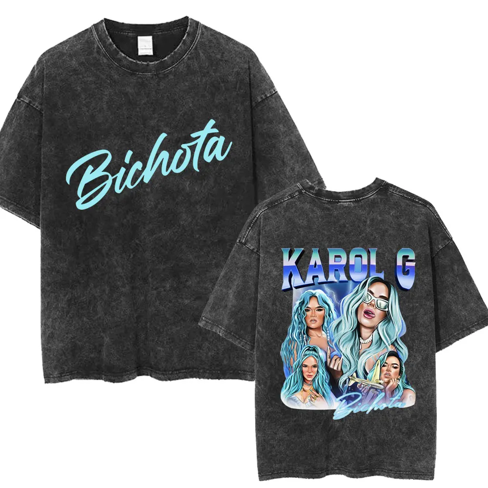 2024 Hot Karol G Bichota Music Album Washed T Shirt Hip Hop Fashion Women Cotton Retro Short Sleeve Loose Summer Tees Streetwear