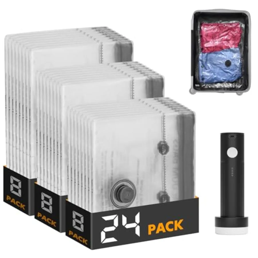 

Вакуумные пакеты для путешествий с электрическим насосом, 24 штуки, для одежды, экономия места, компрессионные пакеты для багажа