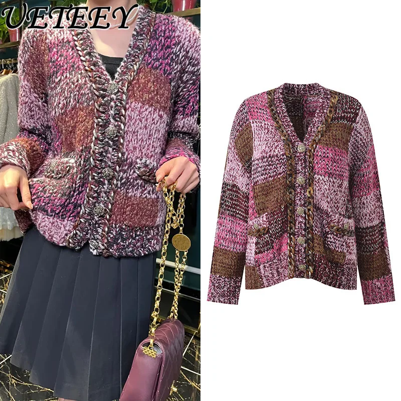 

2025 Autumn Winter New Color-Block Loose V-Neck Knitted Cardigan Niche Fashion Versatile Single-Breasted Sweater Coat