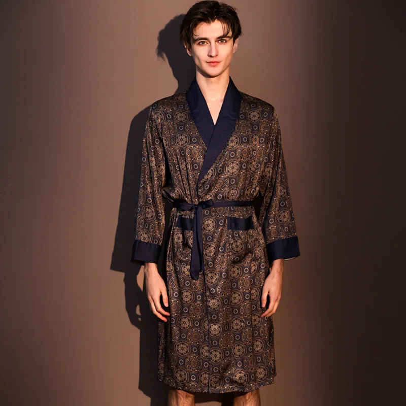 

Men Bath Robe Satin Print Kimono Bathrobe Ice Silk Dressing Gown Plus Size Sleepwear Lounge Nightgown