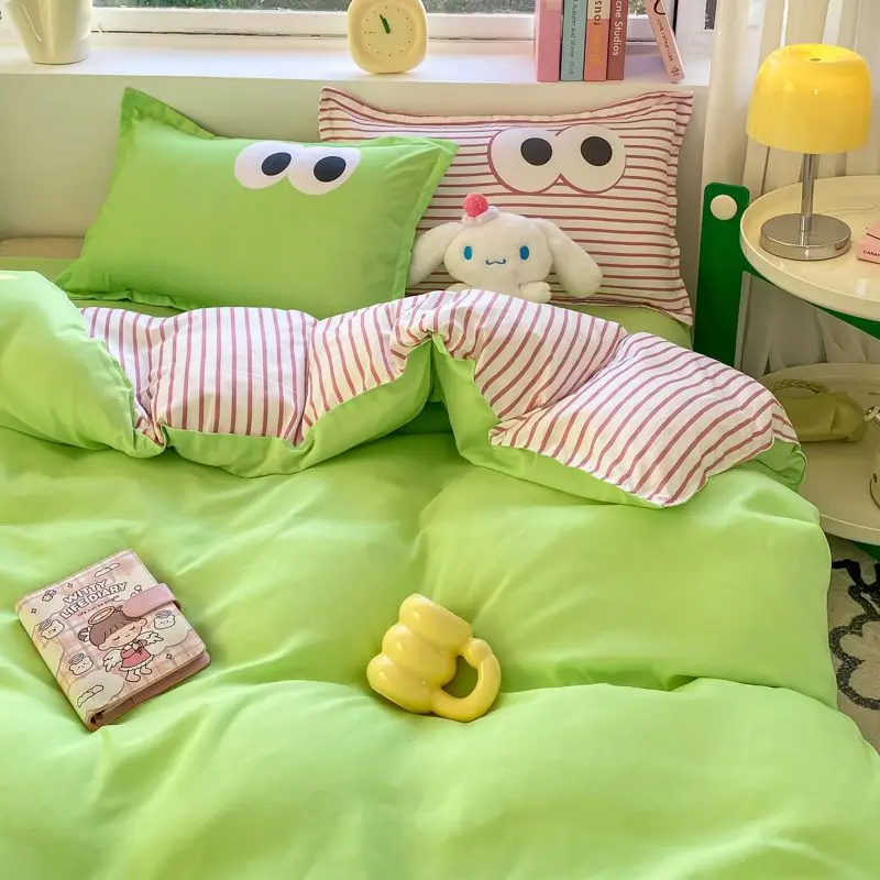 Pink Green Duvet Cover Set with Big Eyes Flat Sheet Pillowcases No Filling Twin Single Queen Size Boys Girls Home Bedding Set