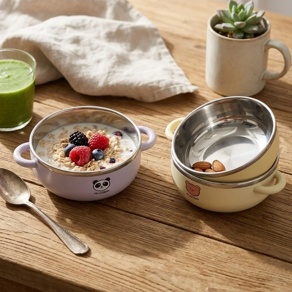 Kids Cartoon 304 Stainless Steel Bowl Double Handles Student Rice Salad Fruit Ramen Bowls Double-Wall Drop-Resistant Tableware