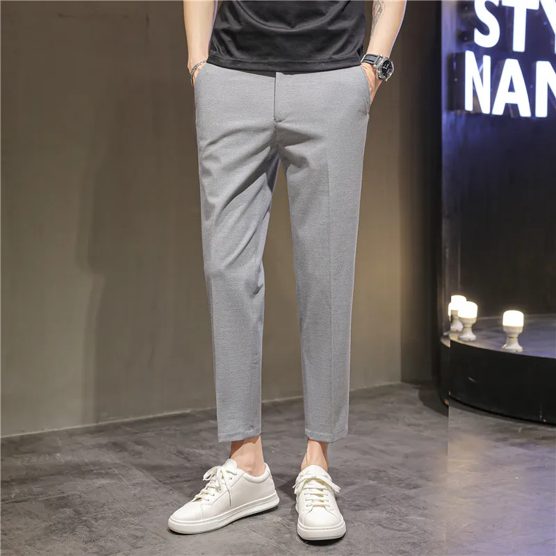 2025 Summer Thin Navy Blue Micro Elastic Ankle-Length Pants for Men, Khaki Small Footed Men's Casual Cropped Trousers,Asian Size