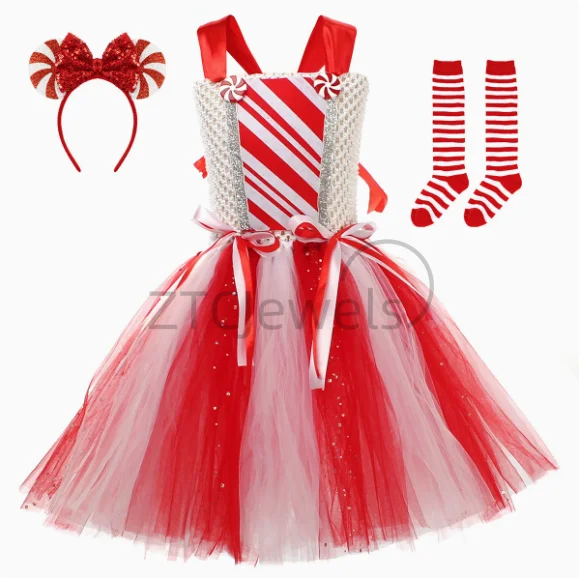 فستان توتو للفتيات لعيد الميلاد على شكل قصب الحلوى باللون الأحمر والأبيض اللامع زي السيدة سانتا كلوز للأطفال فساتين حفلات عيد الميلاد للعام الجديد #3