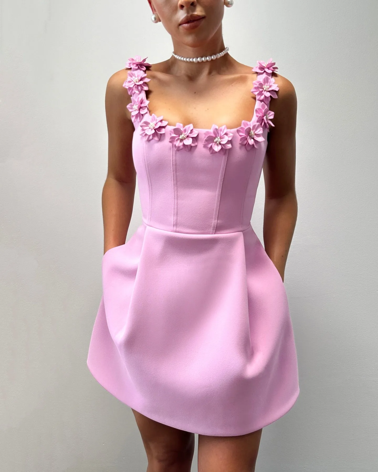 Pink Flower Appliques Sexy Bodycon Prom Bandage Ball Gown Dress Sleeveless Square Collar Celebrity Evening Cocktail Party  Dress