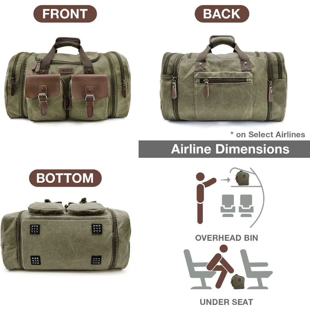 حقيبة سفر جلدية قابلة للتوسيع من القماش الخشن - سعة 60 لترًا، عطلة نهاية أسبوع مطورة للرحلات الليلية، حقيبة حمل مثالية للتجميع