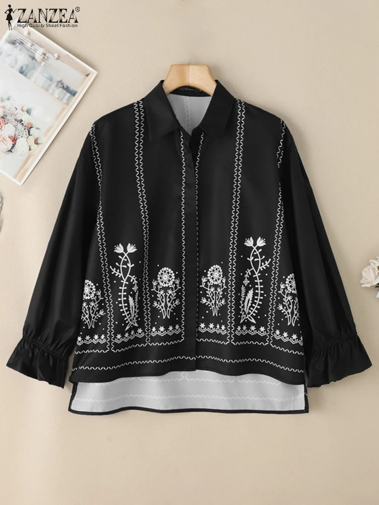 Zanzea moda muçulmana hijabis camisas vintage étnico floral impressão manga longa alta-baixa chemise islâmico modesto colarinho topos