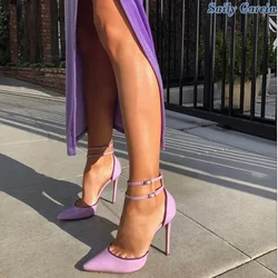Contrasting Colors Stiletto Heel Buckle Pumps  Back Strap Strappy Genuine Leather Purple Party New Arrival Fashion Sexy Shoes