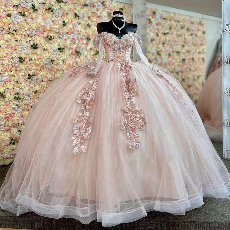 

ANGELSBRIDEP детские розовые платья Quinceanera с длинными рукавами и 3D цветами, аппликация, бальное платье, расшитое бисером, милые платья 16, корсет