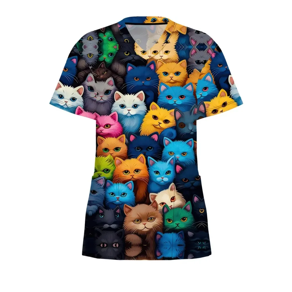 Uniforme de gommage pour femme, imprimé chat, col en v, avec poche, uniforme clinique, hauts microélastiques, uniformes chirurgicaux vétérinaires, été