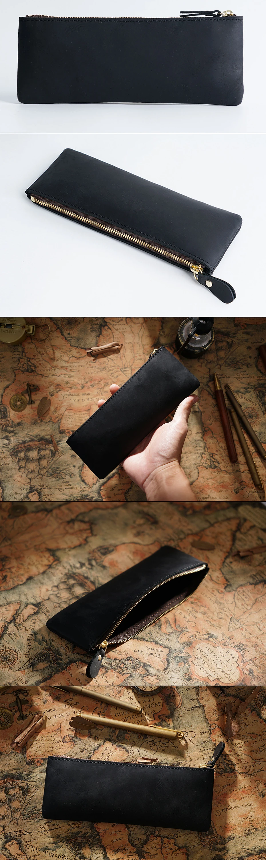 Vintage-Federmäppchen aus echtem Leder mit Reißverschluss, Rindsleder, Schreibwaren-Organizer, Stifthalter, Schreibutensilienbeutel, Reise-Zubehörtasche – Detail 3