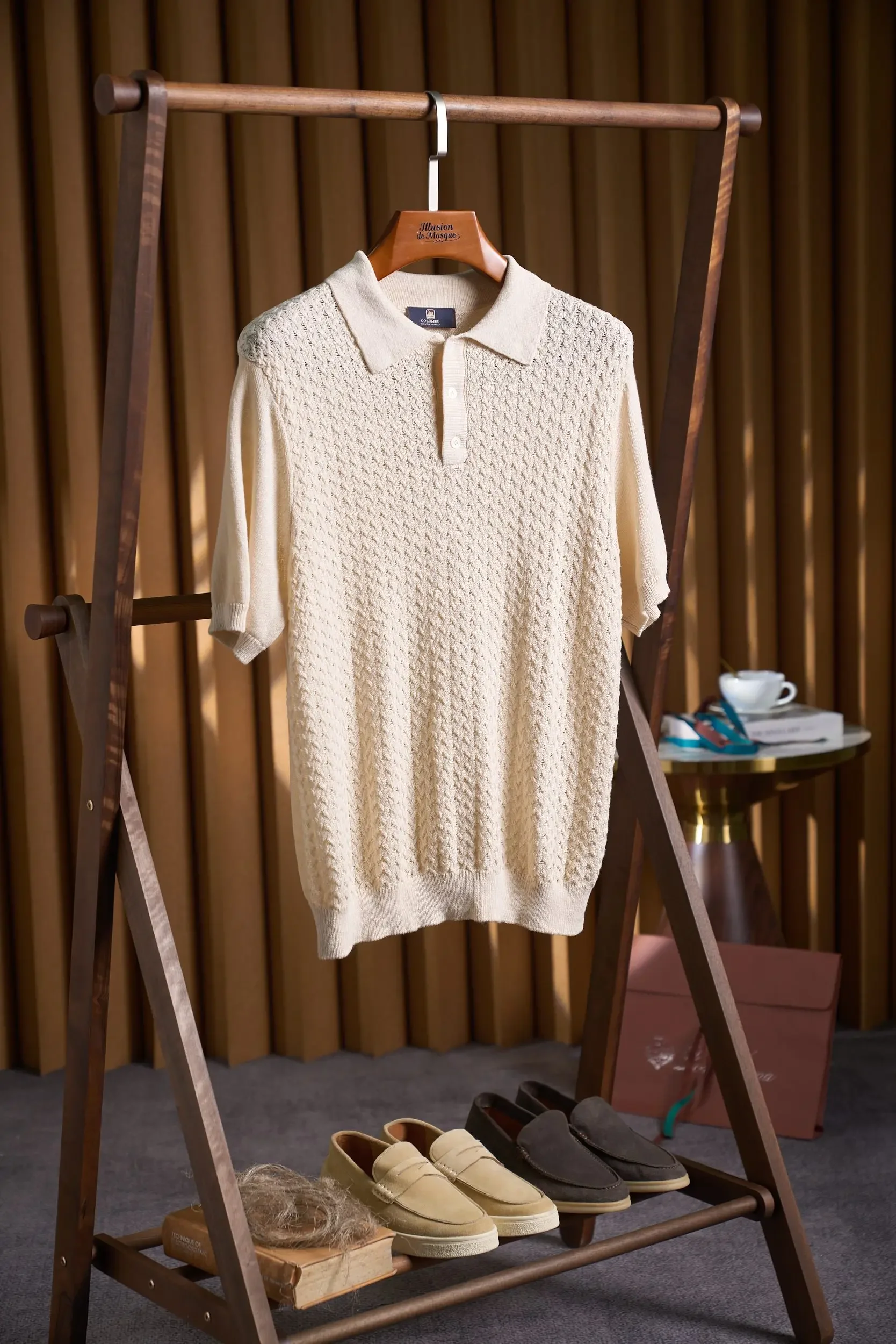 BC77% linen 23% cotton hollow jacquard craft lapel short-sleeved knitted POLO shirt