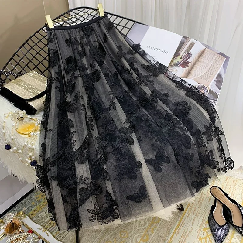 Korean fahsion women embroidery tulle mesh full skirt elastic high waist 3 layers pleated maxi long dress