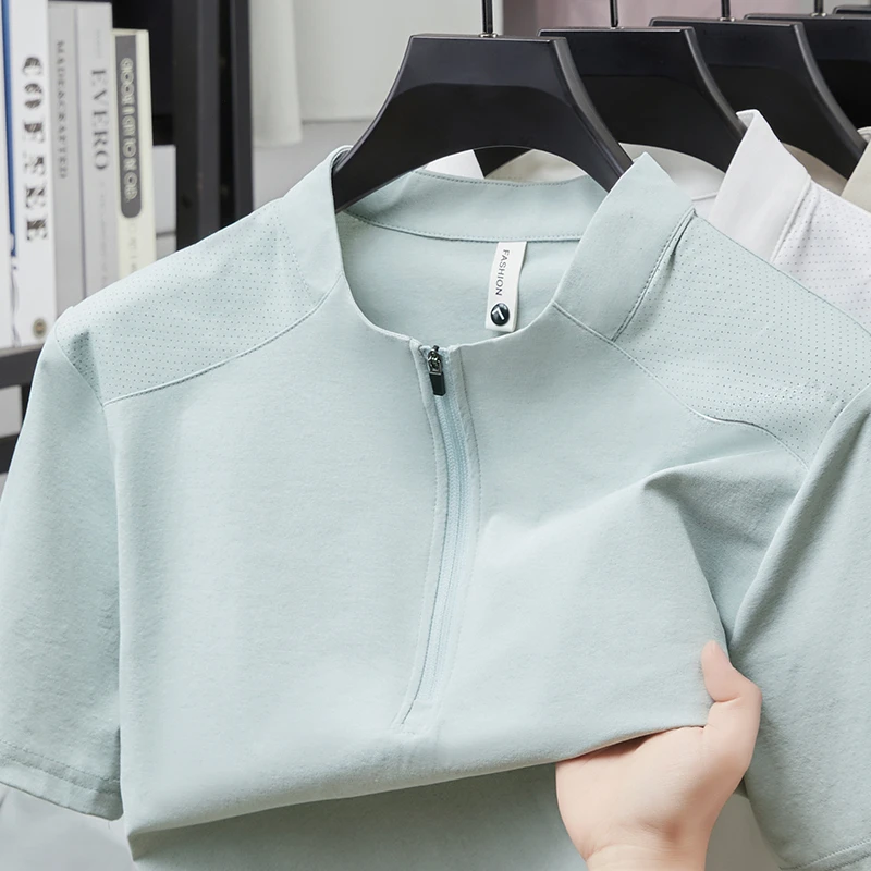 Herren Kurzarm-Poloshirts mit Halbem Reißverschluss und Stehkragen Lässige Sommer-Oberteile Leichte Atmungsaktive Hemden für Männer – Detail 3