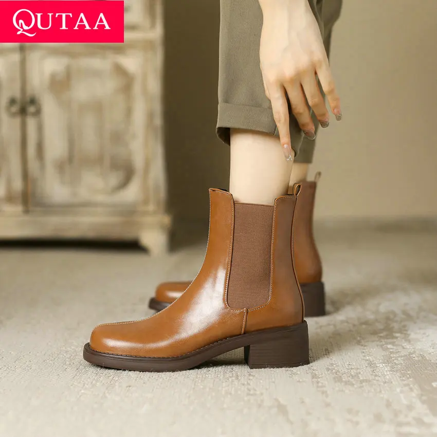 

QUTAA 2024 Thick Med Heels Women Ankle Boots Leisure Casual Round Toe PU Leather Autumn Winter Chelsea Shoes Woman Size 34-42