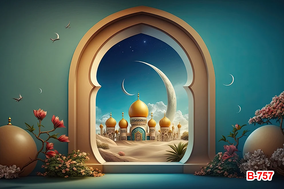 Eid Mubarak Backdrop for Photography Eid Al-Adha Islamic Ramadan Kareem Mosque Golden Lamps Moon Sheep Background Photo Studio