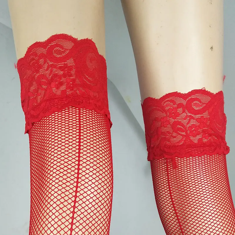 Black/Red Lace Transparent Mesh Stockings Women\'s Sexy Back Seam Stockings Over Knee Fishnet Hosiery Female Underwear