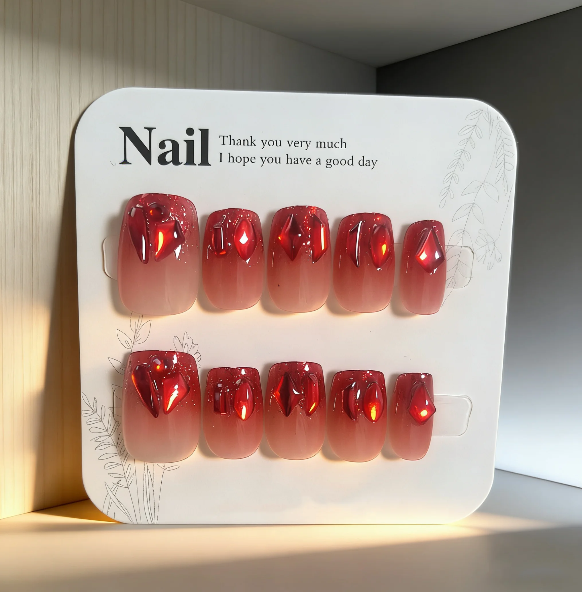 

10pcs Glossy Red Gradient Press On Nails 3d Luxury Red Rhinestone Short Fake Nails Reusable Glitter False Nail Tips For Women