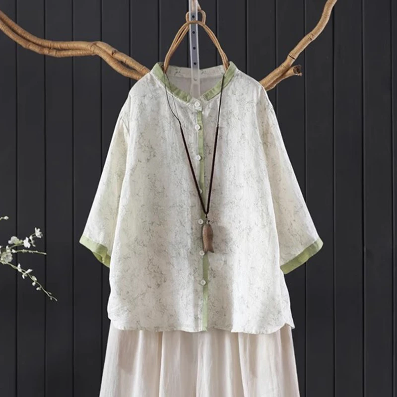 

100% Ramie Women Casual Shirt New Arrival 2025 Summer Vintage Style Stand Collar Loose Female Half Sleeve Tops Shirts M1739