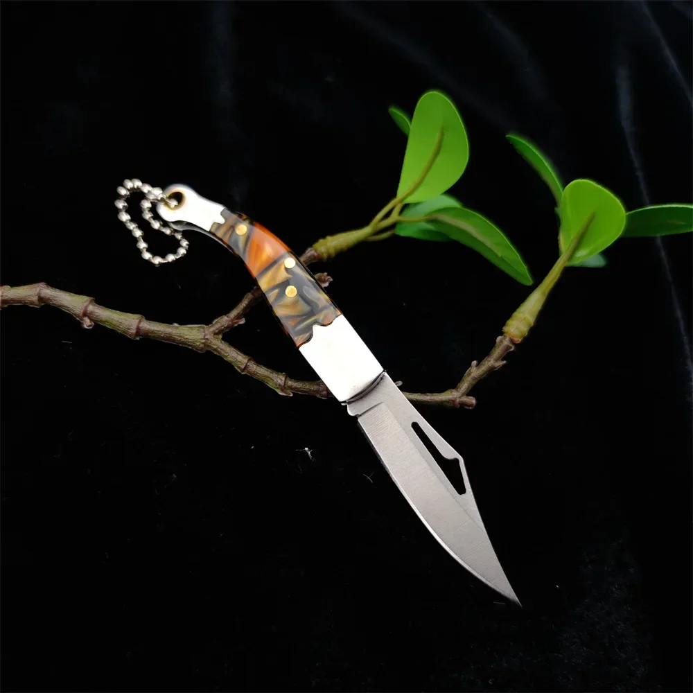 Mini Keyring Folding Pocket Knife 440C Blade Acrylic Handle Outdoor Neck Chain Knives Self Defense Camping EDC Cutter Tools Faca