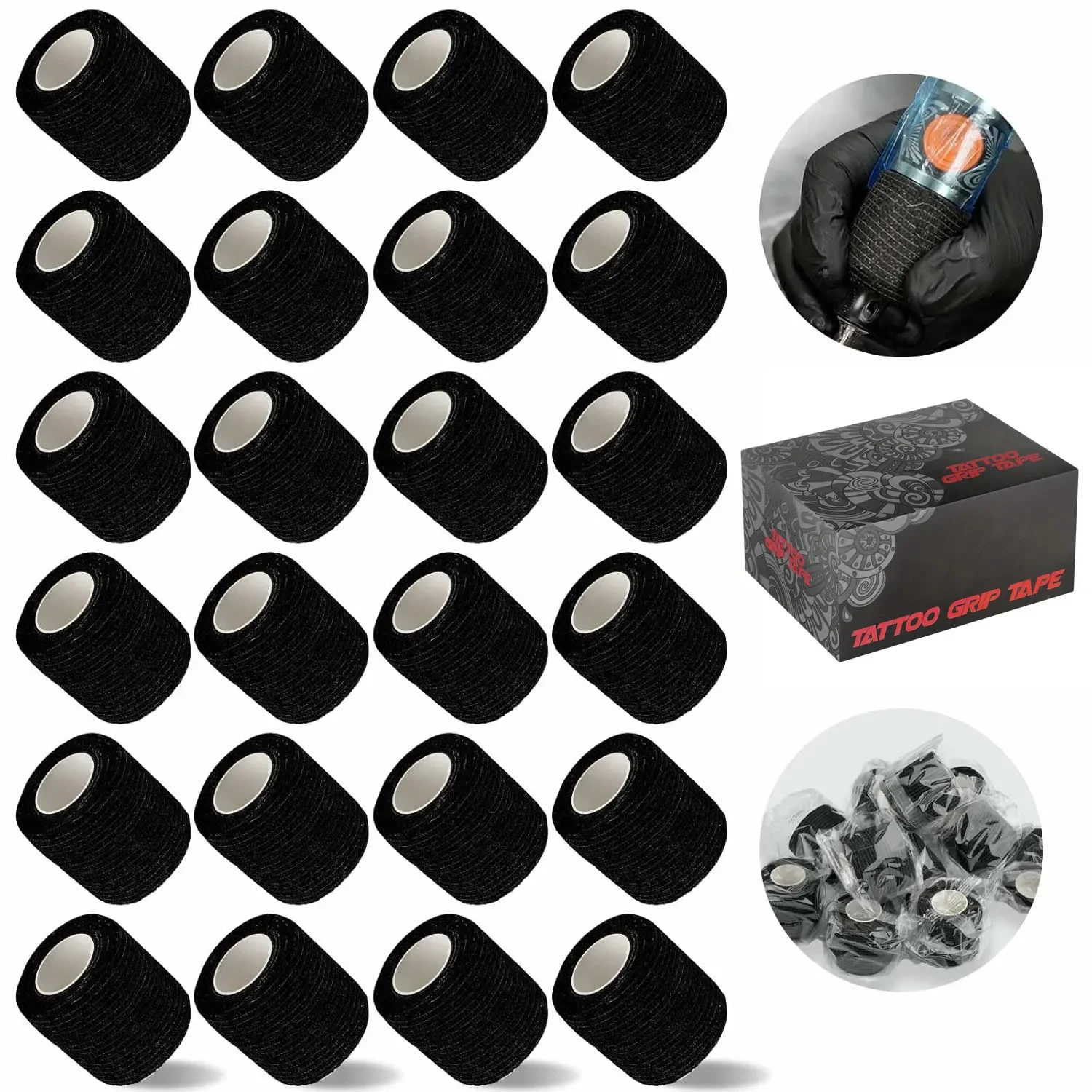 48/24/3PCS Black Tattoo Grip Cover Wraps Self-Adhesive Elastic Bandage Tape Breathable Strong Sports Tape Athletic Bandage Rolls