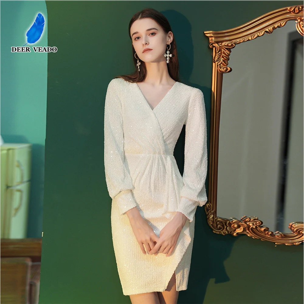 

DEERVEADO 7 Colors Elegant Full Sleeves Evening Dresses Woman Mermaid V-Neck Sequins Wedding Party Dresses Short Formal Dress