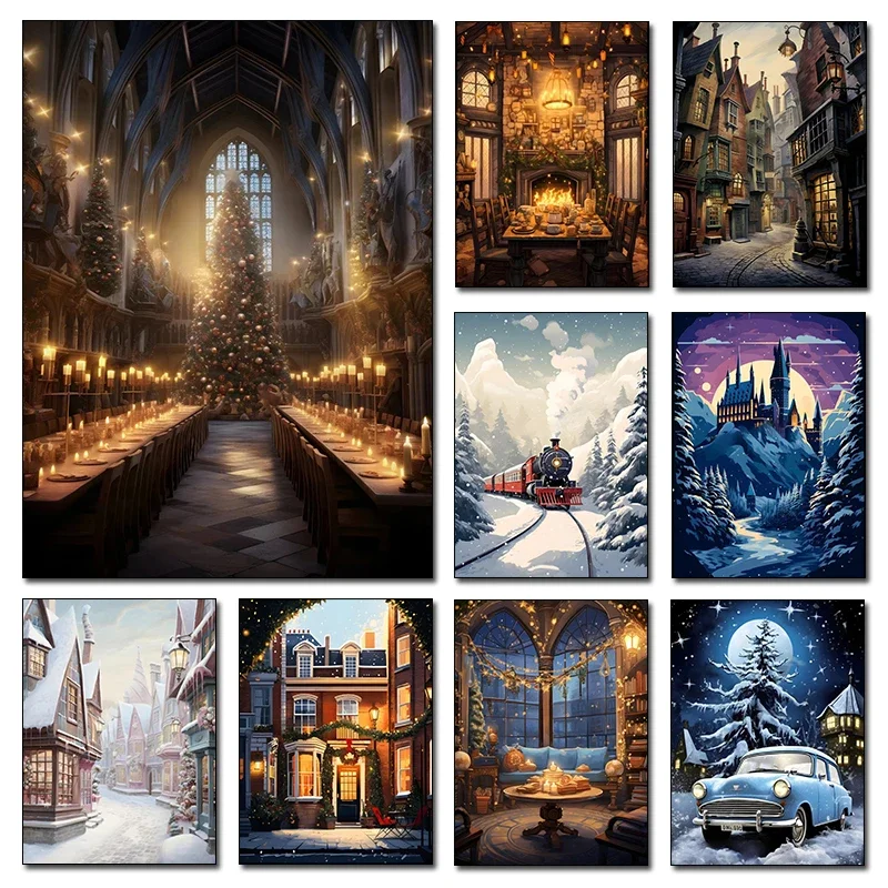 Christmas Magic School Castle Express Canvas Print Magician Movie Wall Art Poster for Modern Living Room Winter Home Decor Gifts