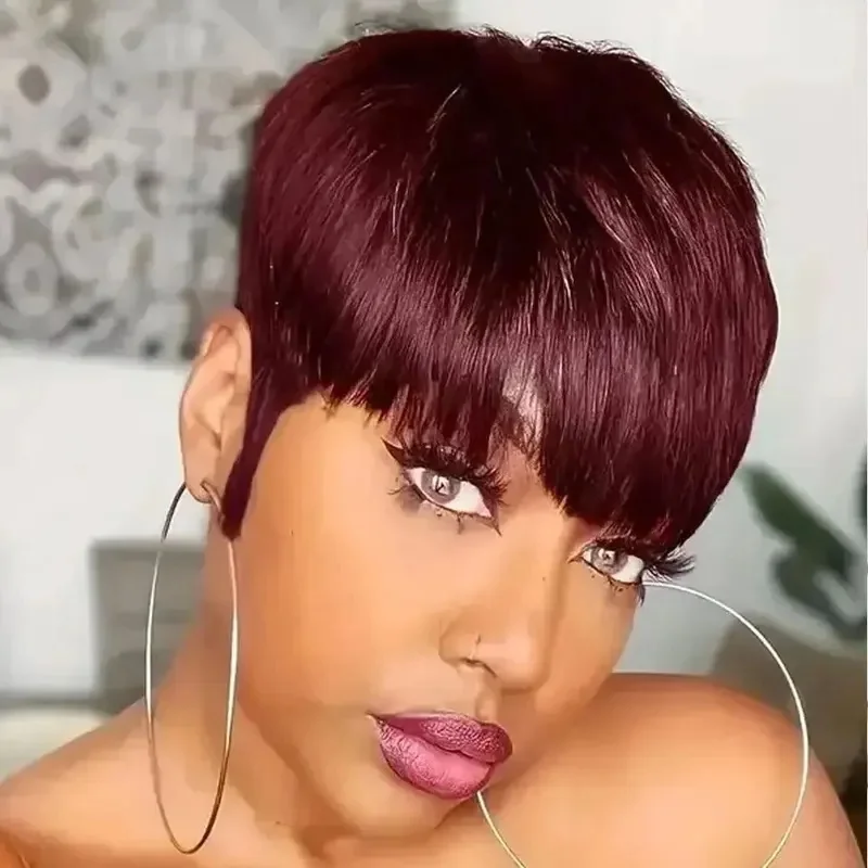 Red Burgundy 99J Color Short Pixie Cut Human Hair Wig with Bang Straight Hair Glueless Machine Made Natural Wig