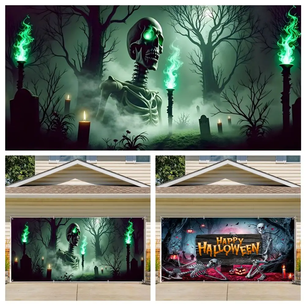 

Halloween Garage Door Decoration Banner Misty Forest Skull Cemetery Backdrop Indoor Outdoor Halloween Party Home Yard Wall Decor