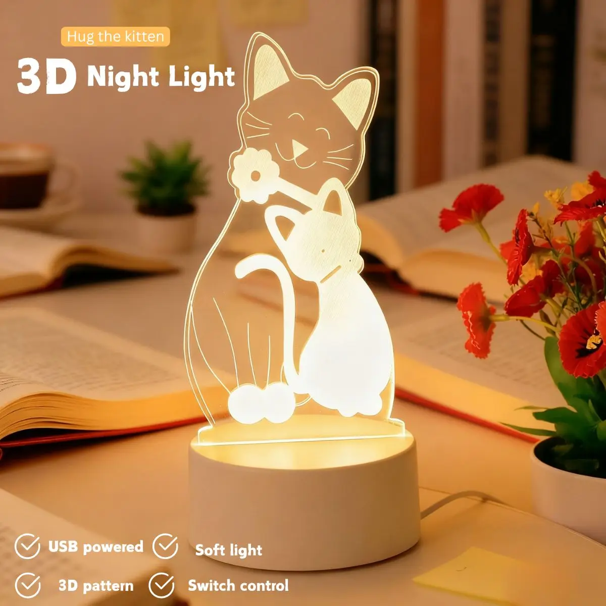 

3D акриловый ночник с изображением кота, светодиодный детский ночник для спальни, настольной комнаты, декоративный атмосферный светильник, подходит для спальни