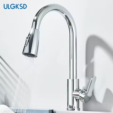 Chrome Home Kitchen Sink Pull-Out Tap Single Handle Cold and Hot Single Handle Deck 360 ° Optional Crane 2 Function Spray Faucet