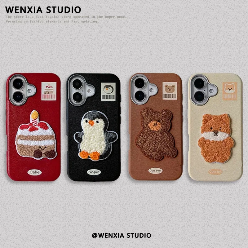 Autumn Winter Embroidered Jellycat Cake Penguin Bear Suitable for Apple 16 Phone Case 15 Pro Max IPhone 14 Couple IPhone Cover