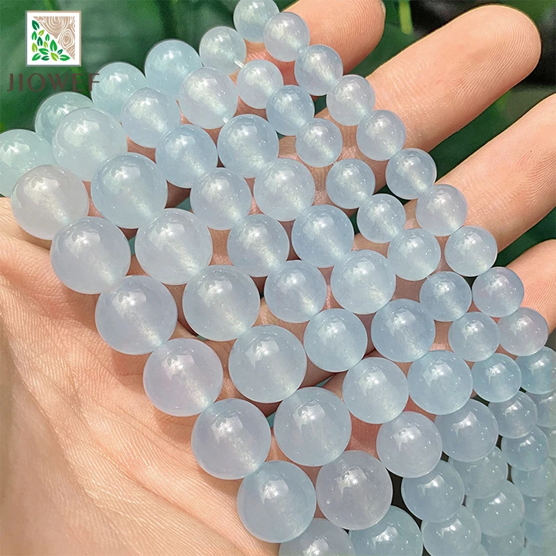 Natural Smooth White Blue Chalcedony Round Spacer Loose Beads for Jewelry Making Handmade DIY Bracelet 4/6/8/10/12/14mm 15\