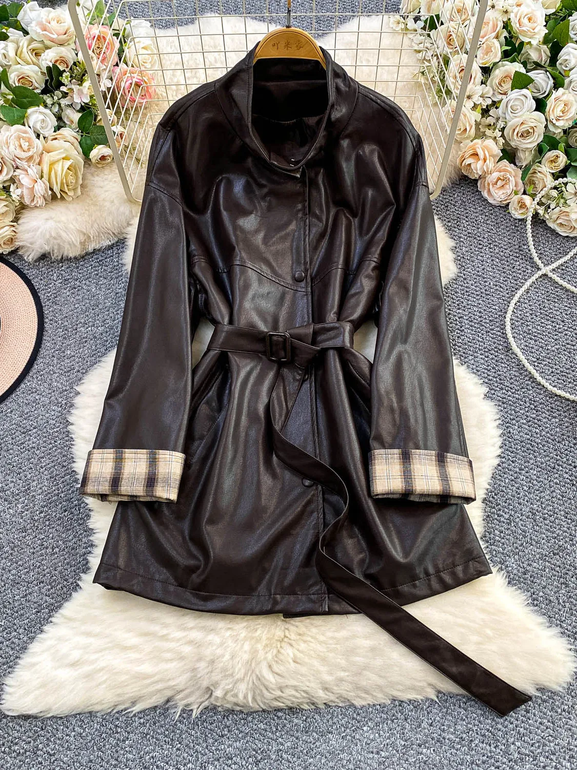 

Slimming PU Leather Long Sve Windbreaker Coat Women's Autumn Winter Belted Waist Tie Waist Mid-Length Stand Collar Jaet