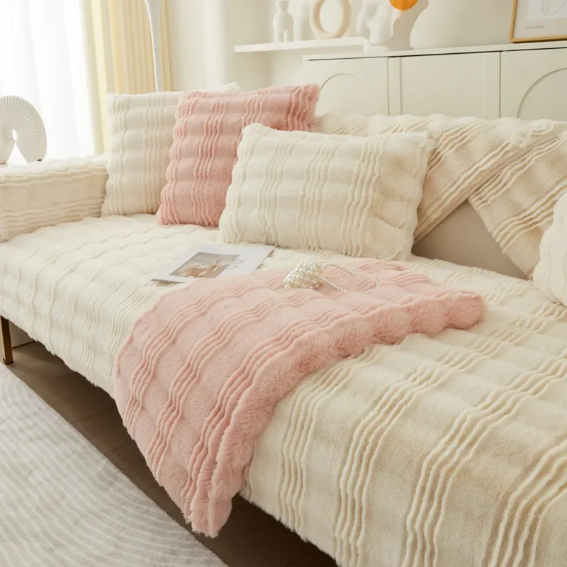 Rabbit Plush Winter Plush Sofa Cushions Cloth Towels Warmth Comfor Soft Thickened Sofa Seat Cover Universal Sofa Covers